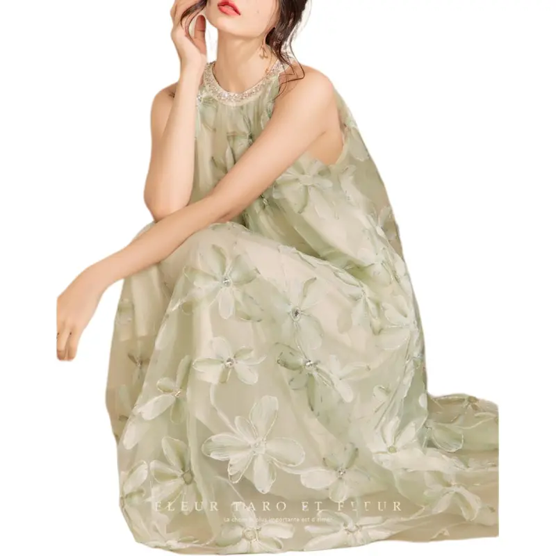 QIAOYUHUAZUN Sleeveless Dress Women's Green-2