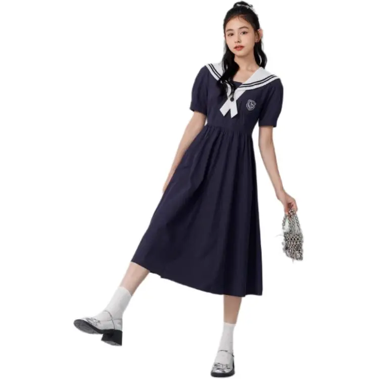 ZIHAN Short Sleeved Dress Women's Navy Blue-4