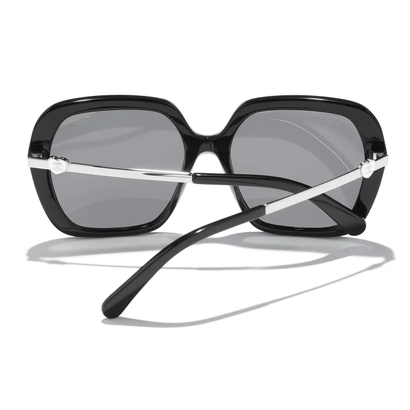 CHANEL Acetate Metal Acetate Square Sunglasses Unisex Black Silver-4