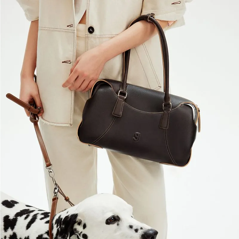 KUNOGIGI Cow Leather Shoulder Bag Large Size Women's Sandy Brown With A Brushstroke Effect-4
