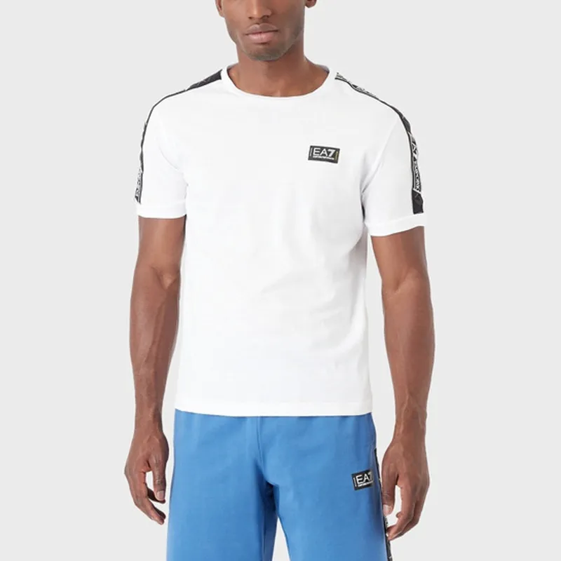 EMPORIO ARMANI SS23EA7 Color Block Decorative Ribbon Cotton Crew Neck Short Sleeved Shirt T Shirt Men's White-2
