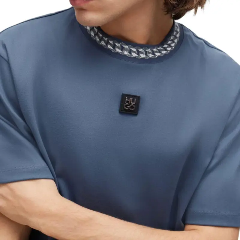 HUGO BOSS Interlock Cotton T Shirt With Chain Print Collar T Shirt Men's Blue-3