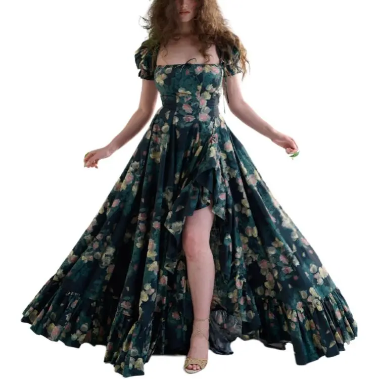 Selkie Collection SS25 Short Sleeved Dress Women's Dark Green With Crying Rose Print-2