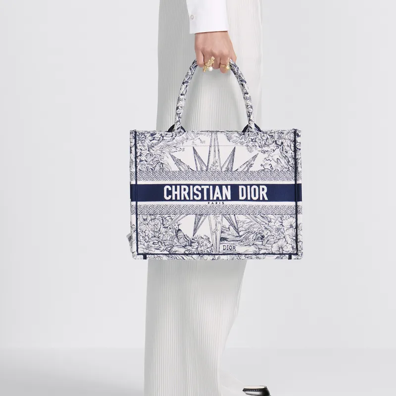 DIOR BookTote Embroidery Tote Bag, Shopping Bag, One Shoulder Handbag Medium Size Women's Blue/White-5