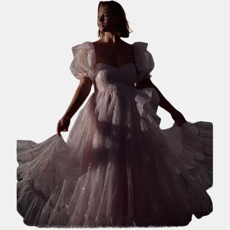 Selkie Collection FW23 Short Sleeved Dress Women's Soft Pink Base With Transparent Beads-1