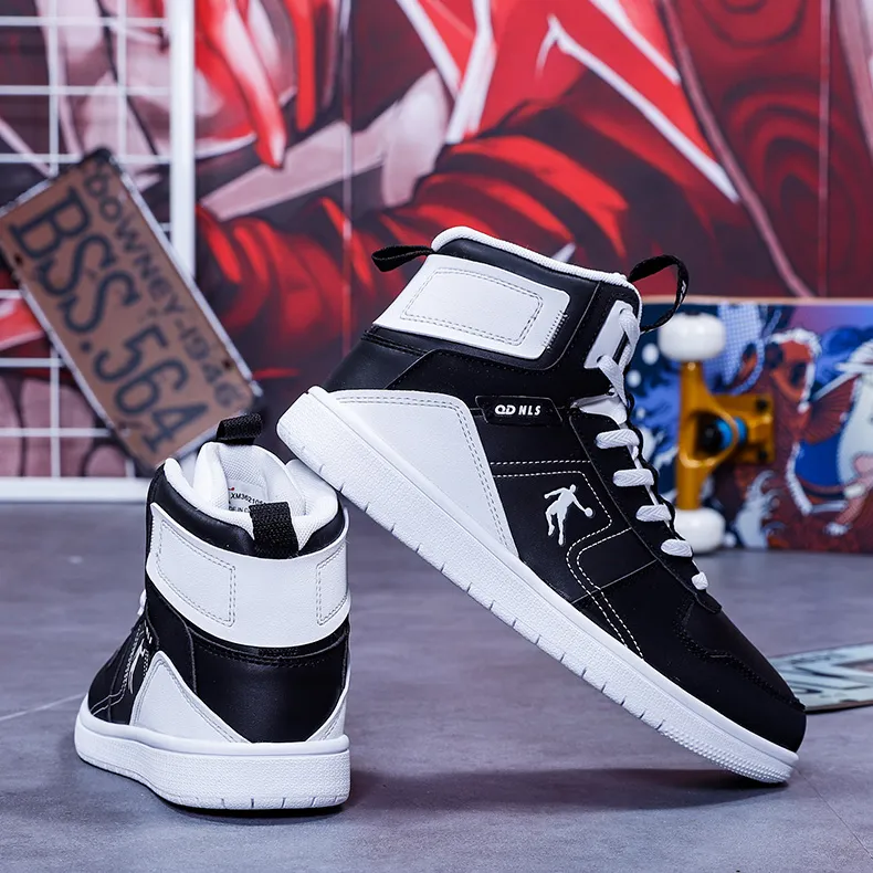 QIAODAN Anti Slip Wear Resistant High Top Skateboard Shoes Women's Black White-3