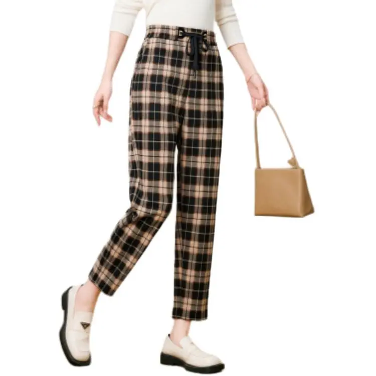 FENHONGMALI Casual Pants Women's Black Plaid-1