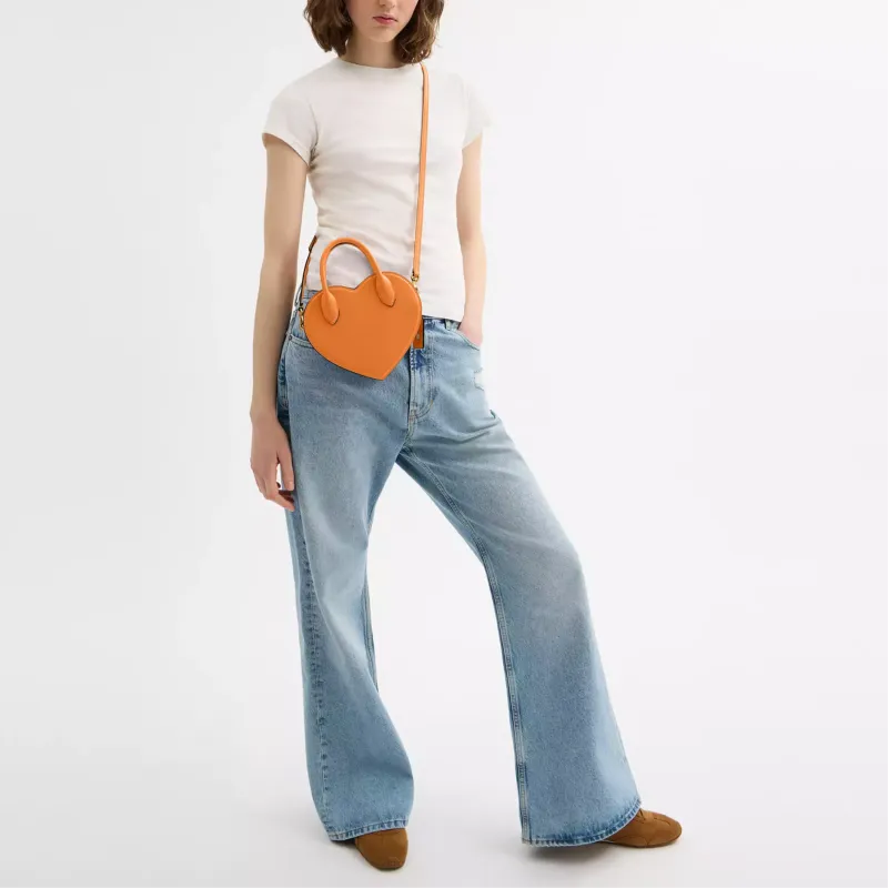 COACH Leather Heart Shaped Bag, One Shoulder Handbag Trumpets Women's Washed Orange-8