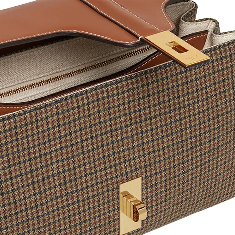 CELINE 16 Plaid Velvet Fabric With Calfskin Shoulder Bag Crossbody Bag Women's Beige/Tan-3
