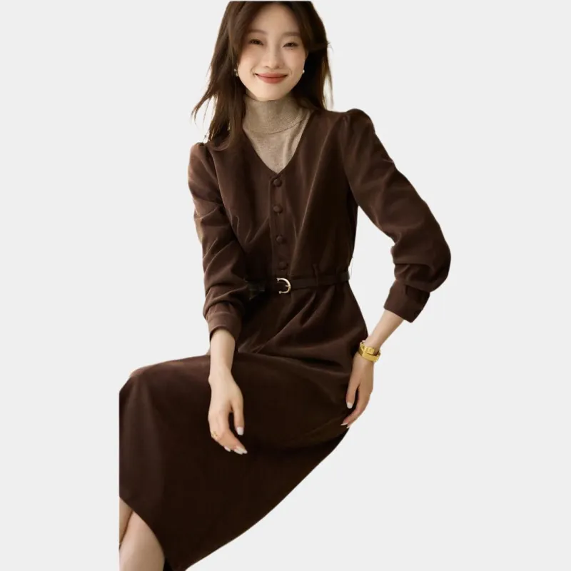 Mo Han Yi Mei Long Sleeved Dresses Women's Dark Coffee-3