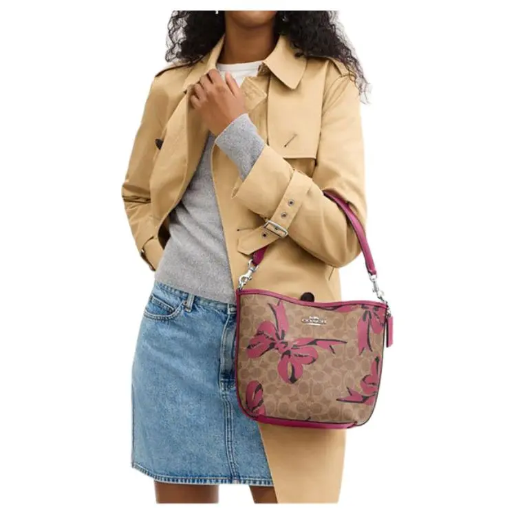 COACH City Coated Canvas Bucket Bag, Shoulder Bag Trumpets Women's Pink Butterfly-4