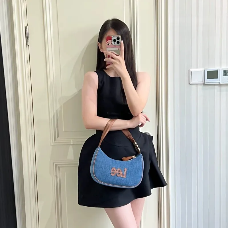 Lee Fabric+Artificial Leather Shoulder Bag, Crescent Bag, Shoulder Bag Regular Women's Denim Blue-2