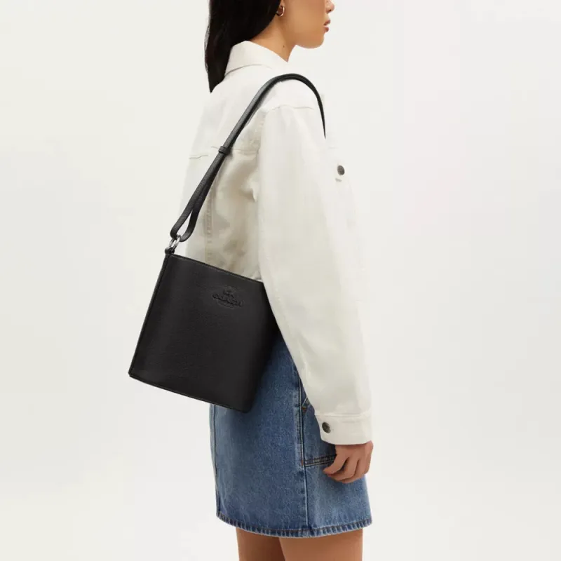 COACH Pebbled Leather Bucket Bags Crossbody Bag, Shoulder Bag Trumpets Women's Silver & Black-4