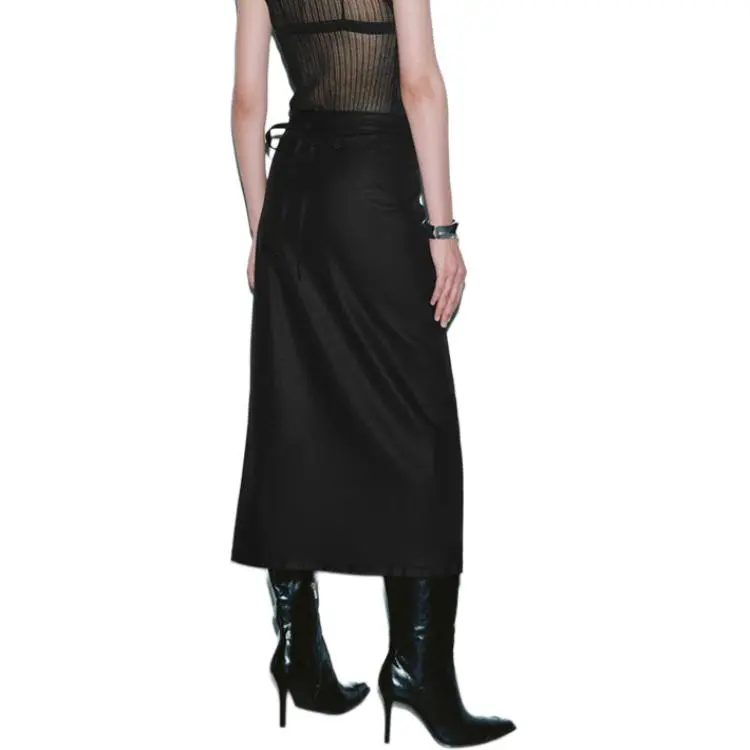 URBAN REVIVO Denim Long Skirt Women's Black-5