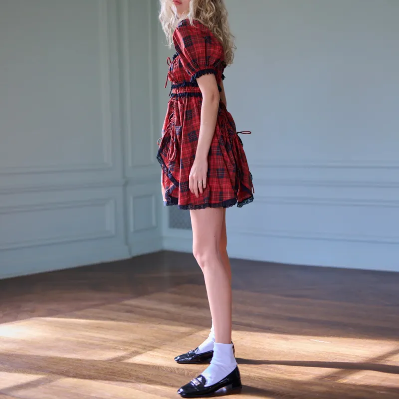 Selkie Collection FW24 Short Sleeved Dress Women's ROYAL TARTAN Red With Classic Plaid Print-3