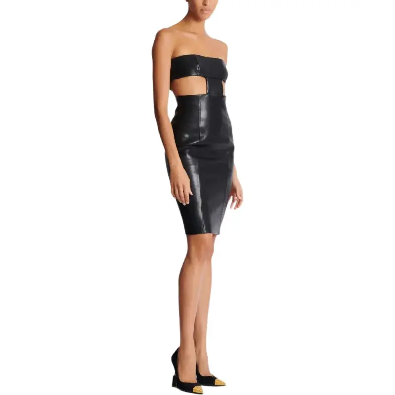 BALMAIN Strapless Leather Mini Dress-4