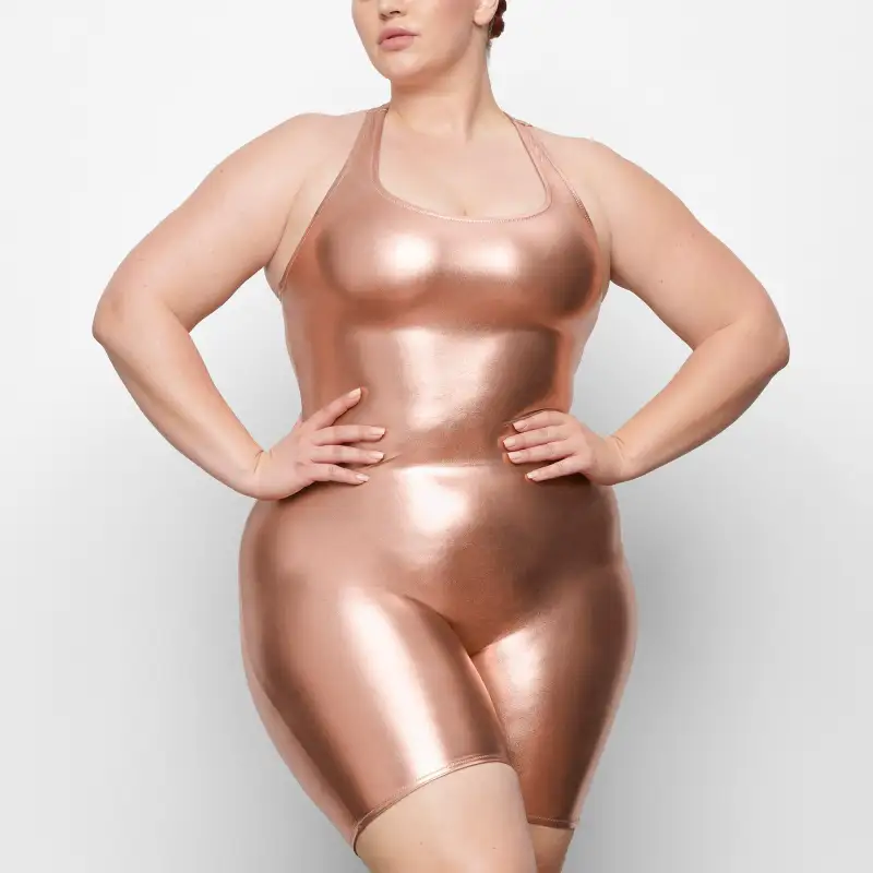 SKIMS METALLIC SWIM CYCLE SUIT One-piece Swimsuit Women's CHAMPAGNE/Champagne-1