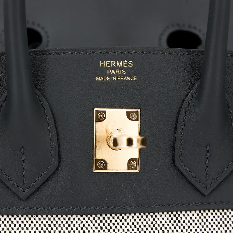 HERMES Swift Leather With Toile H Canvas Handbag Women's Haze Gray-12