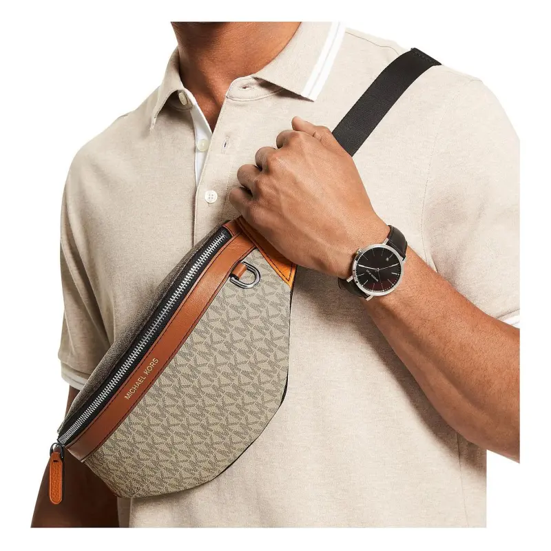 MICHAEL KORS Hudson Fabric Backpack Crossbody Bag Sling Bag Fanny Pack Small Size Men's Beige Yellow & Brown-3