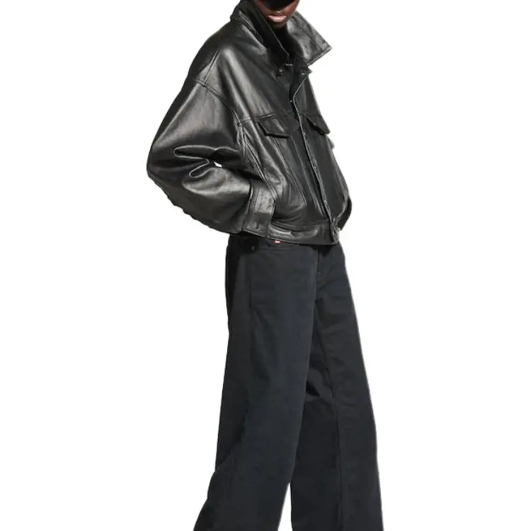 Balenciaga Leather Jacket Loose Fit Women's Black-4