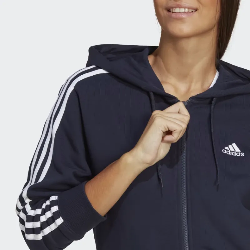 Adidas Essential Essentials 3 Stripes French Terry Regular Full Zip Hoodie Jackets Coats Women's Ink Blue-4