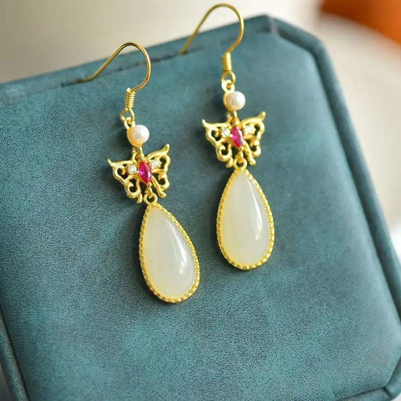 Gifts Hetian Jade Earrings Pale Greenish White Jade Unisex-5