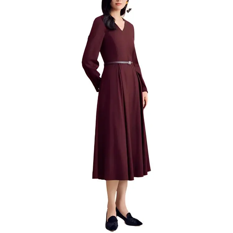 Yiner Long Sleeved Dress Women's Burgundy-1