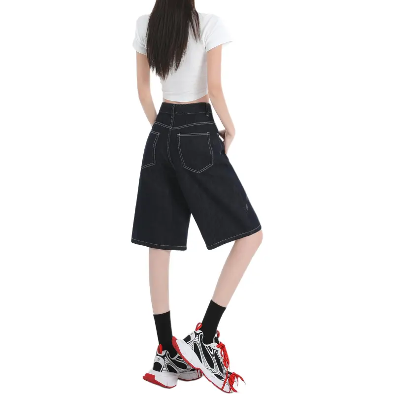Wen Shan Denim Shorts Women's Denim Blue Knee Length Pants-1
