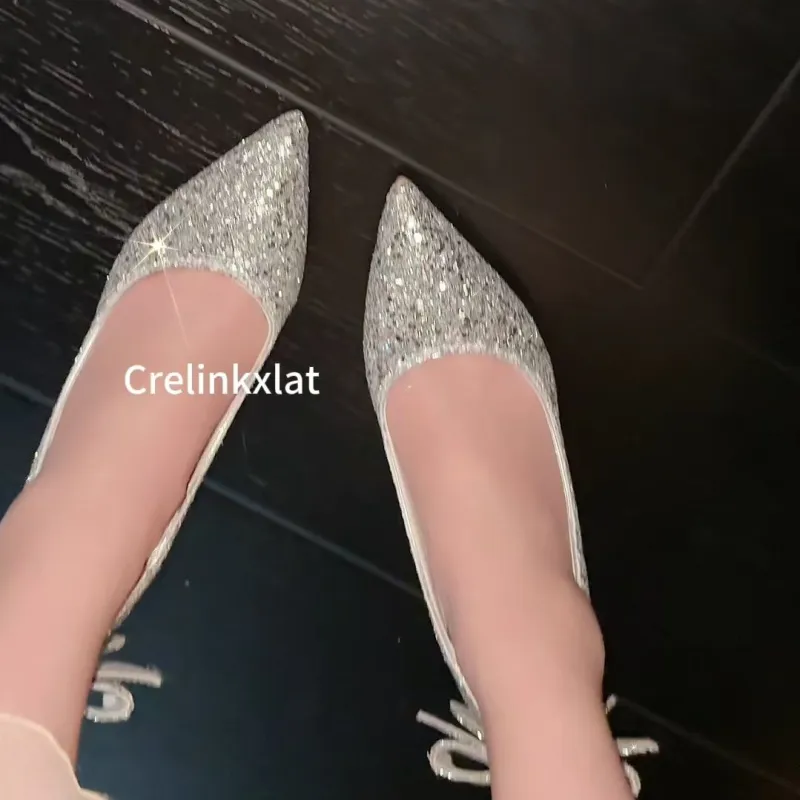 Crelinkxlat French Fairy Soft Pointed Toe Elegance Evening Princess Crystal Slim Heel High Heels Women's-13