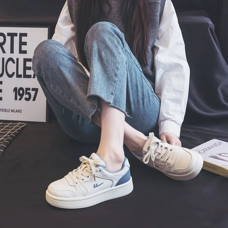 Warrior Non slip Lightweight Low Top Skateboard Shoes Women's Beige Blue-4