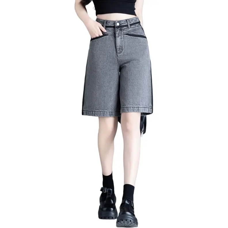 You Cow Me Pants Denim Shorts Women's Gray-3