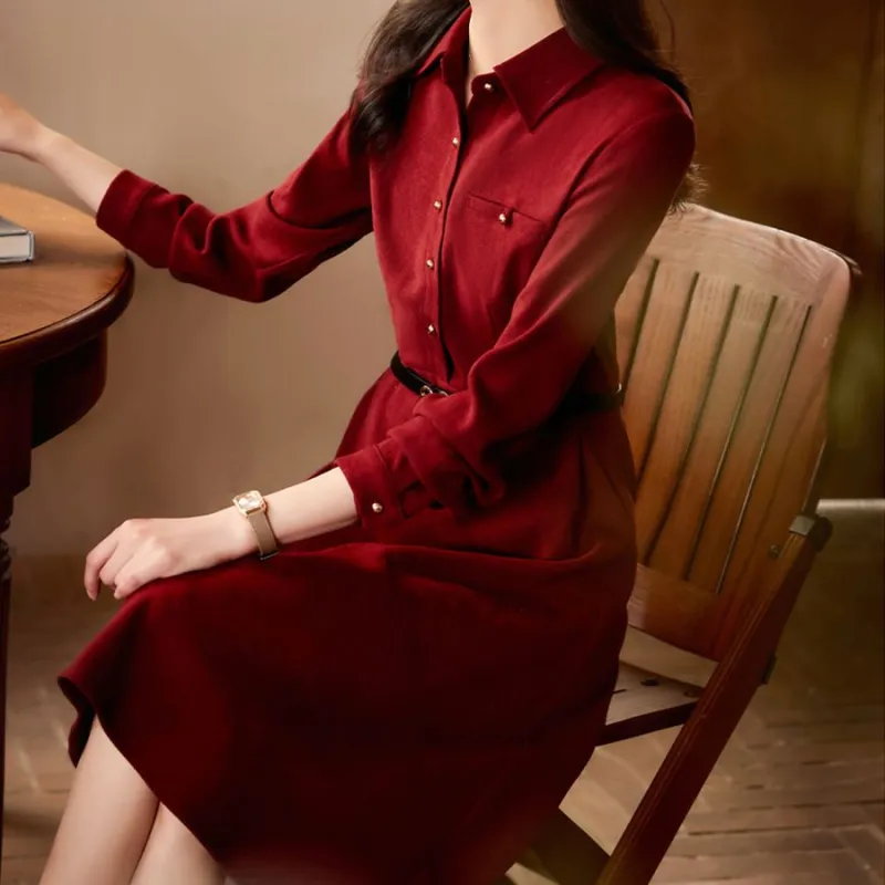 Still Quiet Long Sleeved Dress Women's Red-3
