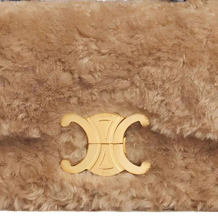 CELINE Triomphe Arc De Triomphe Shearling With Cow Leather Shoulder Bag, Handbag, Crossbody Bag Women's Beige-3