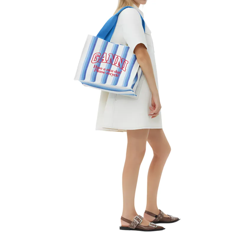 GANNI Large Striped Canvas Tote Bag-3