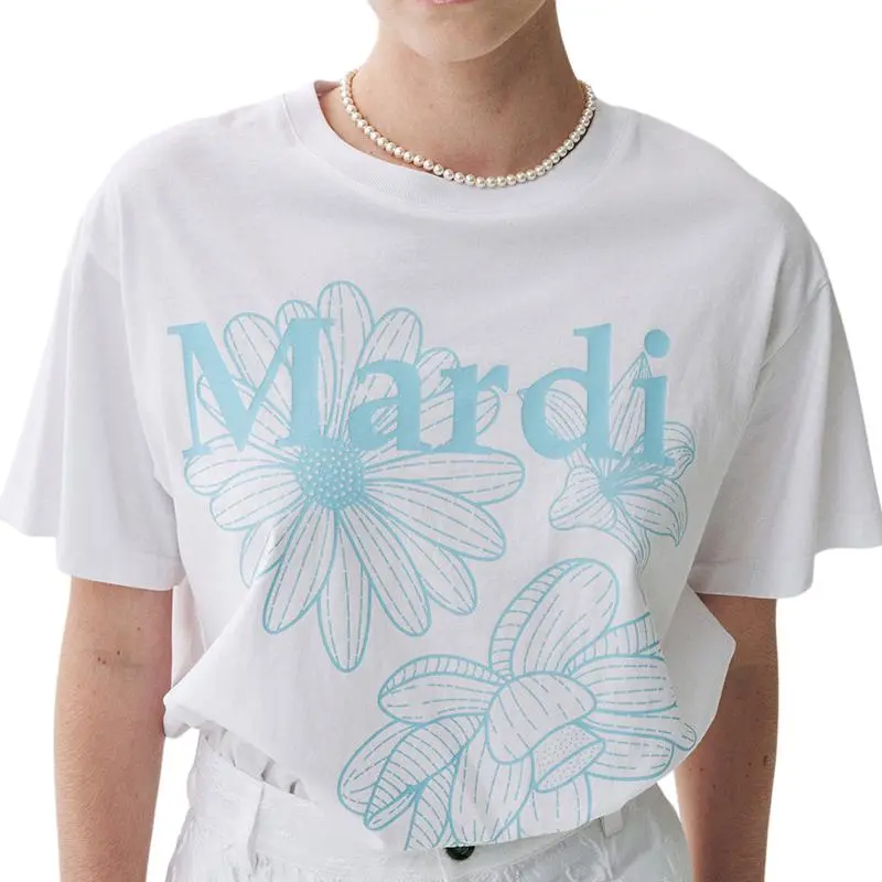 MARDI MERCREDI Three Flowers Collection SS25 T Shirt Women's White/Sky Blue Korean Style-3