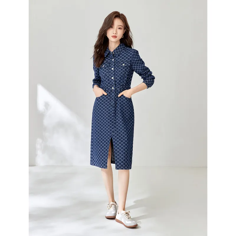 Mo Han Yi Mei Long Sleeved Dress Women's Denim Blue-2