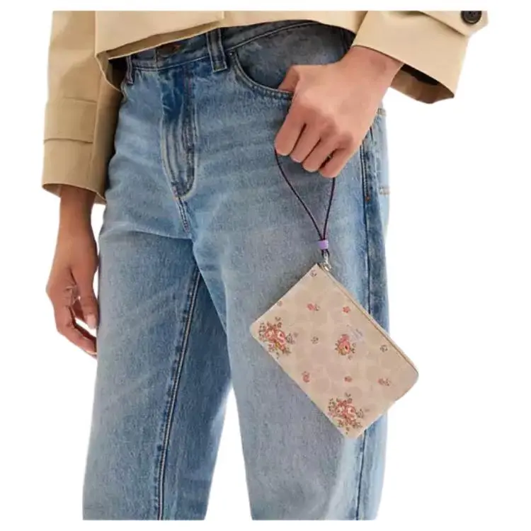 COACH Corner Zip Coated Canvas Clutch Trumpets Women's Silver & Sand Multicolor-2