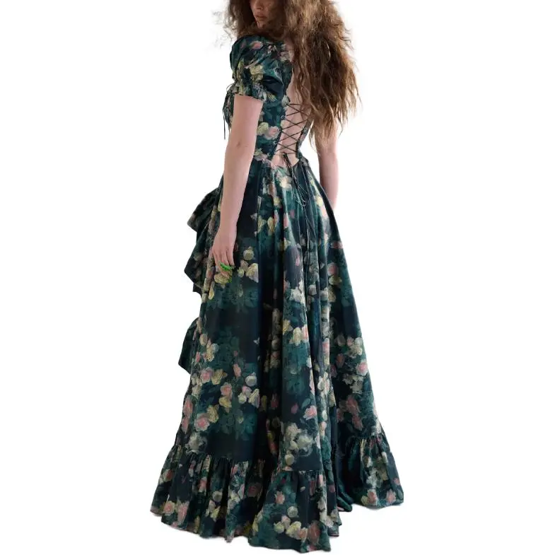Selkie Collection SS25 Short Sleeved Dress Women's Dark Green With Crying Rose Print-5