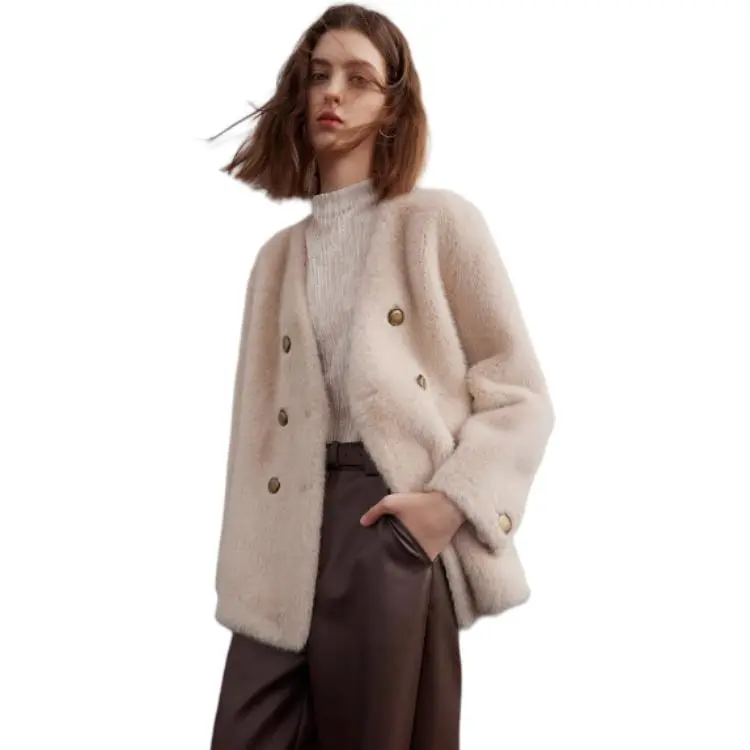 3COLOUR Velvet feel Coat Women's Oat-2