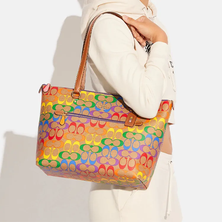 COACH Canvas With Leather Tote Bag Shopping Bag Handbag Shoulder Bag Large Size Women's Khaki & Rainbow-3