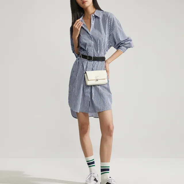 CALVIN KLEIN Long Sleeved Dress Women's Blue Stripes Pattern-3