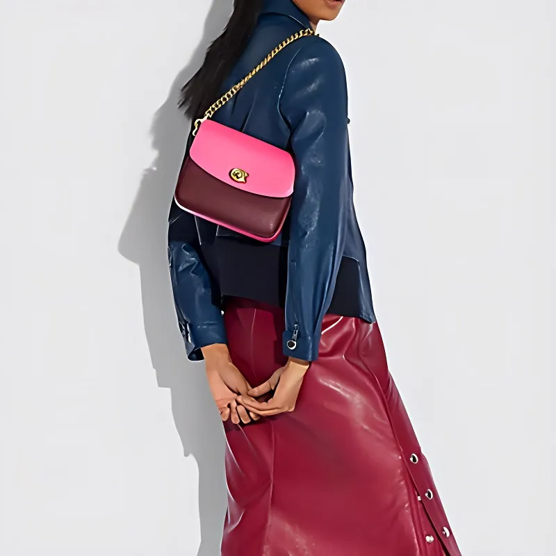 COACH Cassie Leather One Shoulder Handbag Small Size Women's Burgundy & Pink-4