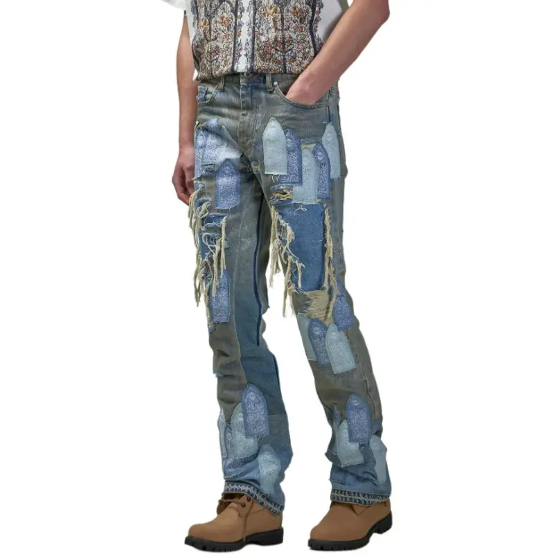 Who Decides War Patched Arch Repaired Blowout Denim Pants-1