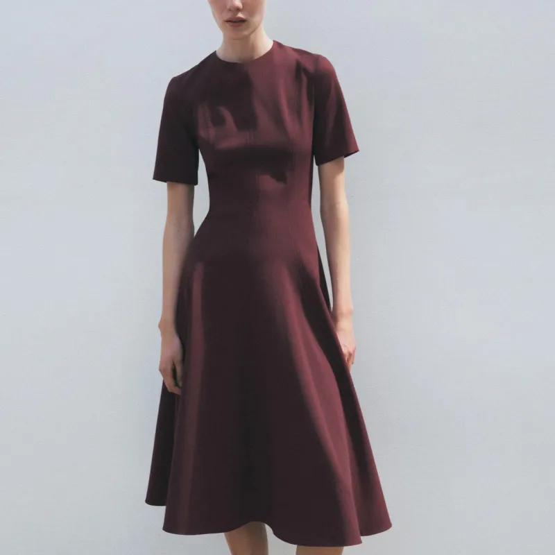 ZARA ZW Series Short Sleeved Dress Women's Burgundy-2