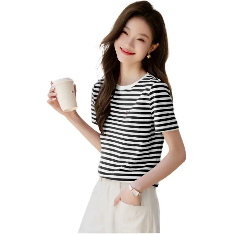 Mo Han Yi Mei T Shirt Women's Black White Stripes-1