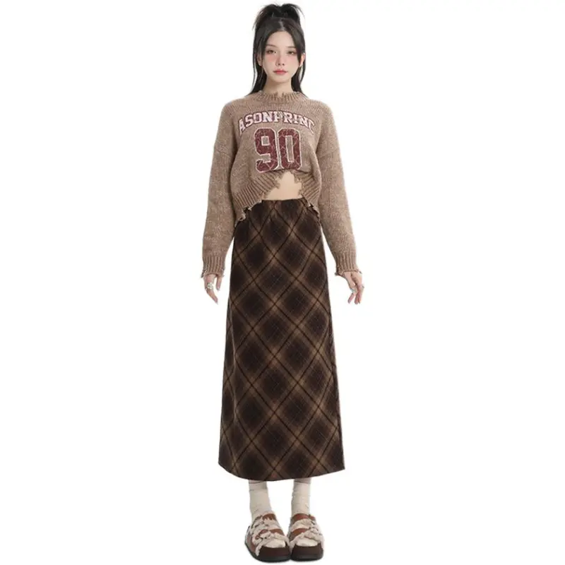 Kazakhstan Casual Long Skirts Women's Coffee Plaid-4