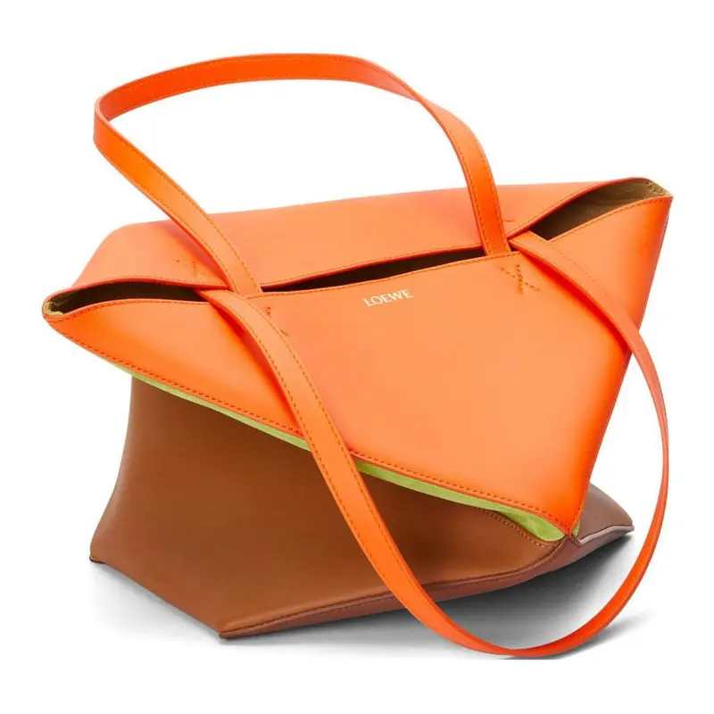 LOEWE Calfskin With Suede Tote Bag, Shopping Bag, Handbag Medium Size Women's Bright Orange & Prairie Green-5