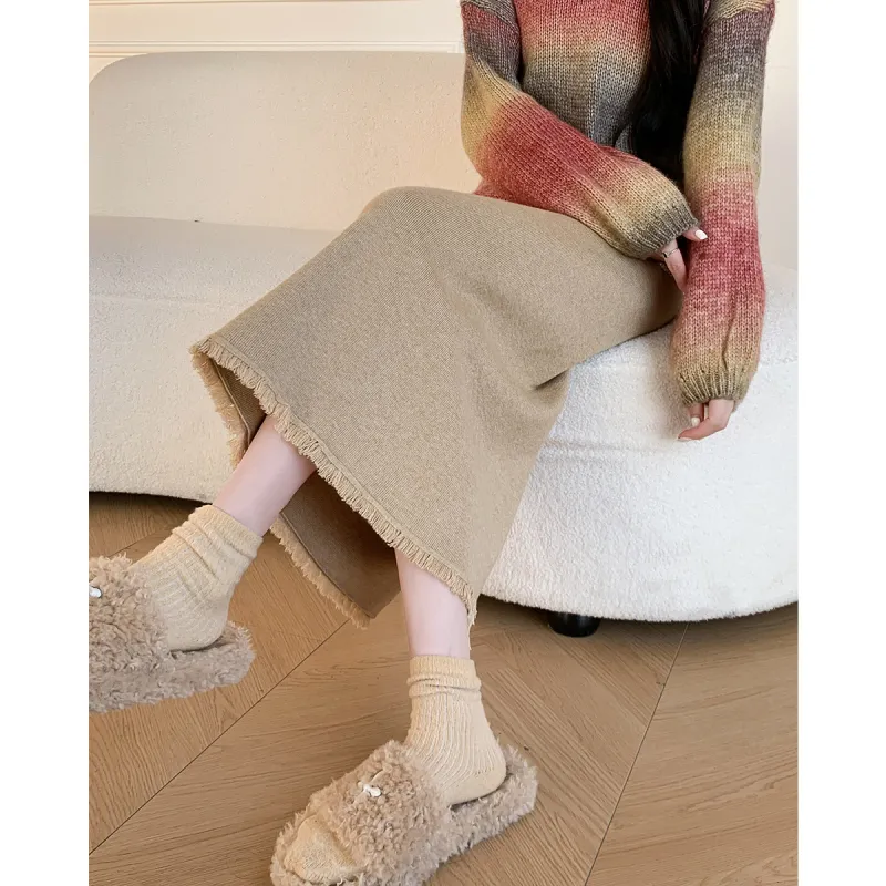 Tonlion Knit Long Skirts Women's Wheat-2