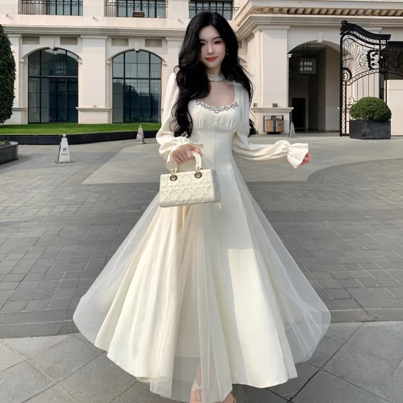 Blovelan Long Sleeved Dresses Women's Apricot-5