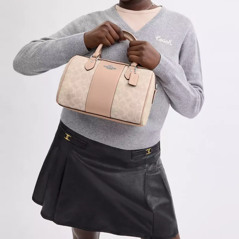 COACH Rowan Coated Canvas Shoulder Bag, Crossbody Bag, Handbag Women's Silver & Sand & Taupe-4